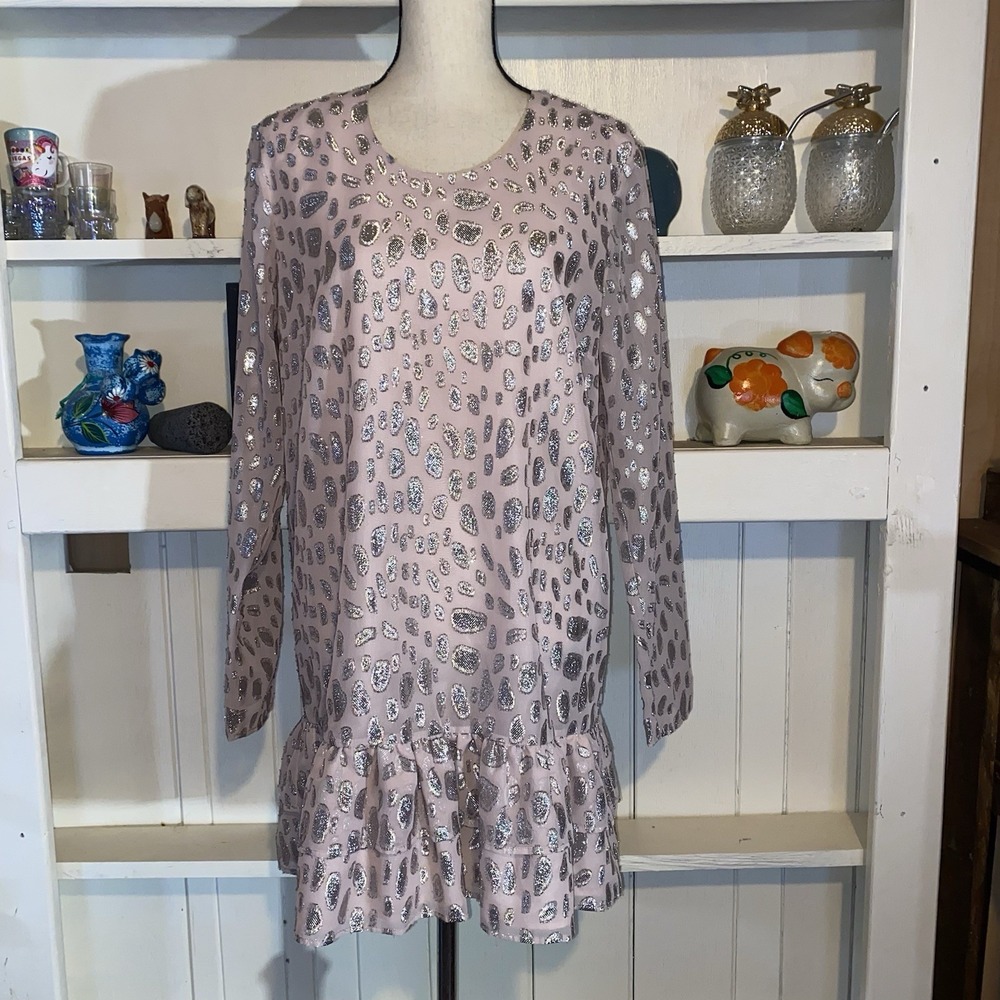 Lovers + Friends Medium Women Pink Silver Spots Ruffle Hem Dress NEW